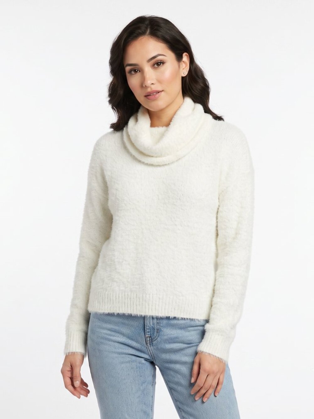 *George Off-White Fuzzy Cowl Neck Sweater – Soft Eyelash Knit Long Sleeve